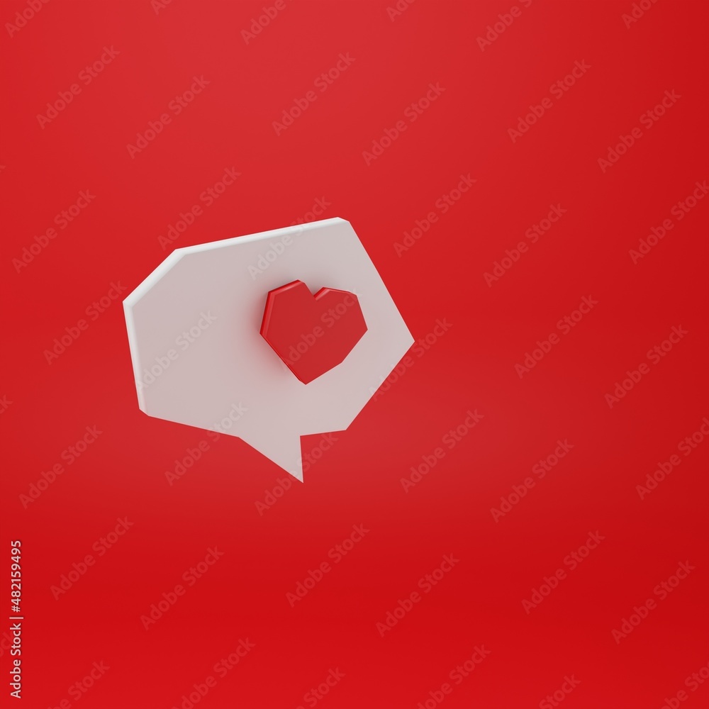 Like social media notification. Heart in red speech bubble 3d render illustration. Followers love, blogging and streaming concept. Like social media notification. Heart in red speech bubble 3d render illustration. Followers love, blogging and streaming concept.