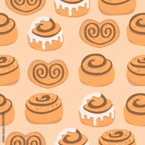 Cinnamon bun seamless pattern. Sweet roll with sugar glaze and chocolate on beige background. Vector illustration 