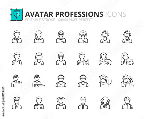 Simple set of outline icons about avatar professions.