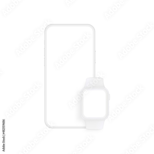 Clay Smartphone and Smart Watch Mockup, Isolated on White Background. Vector Illustration