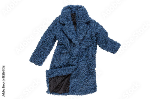 blue faux fur coat, imitates lamb fur, levitates, on a white background, concept