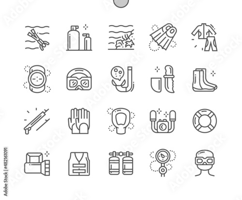 Diving. Oxygen cylinders. Underwater camera. Safety vest. Swimming snorkel. Activity, leisure, aquatic. Pixel Perfect Vector Thin Line Icons. Simple Minimal Pictogram