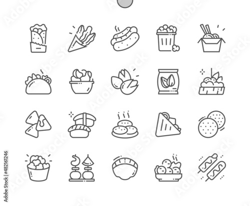 Appetizer and snacks. Burrito, churros, karaage, corndog, falafel, bruschetta. Menu for restaurant and cafe. Fast food. Pixel Perfect Vector Thin Line Icons. Simple Minimal Pictogram