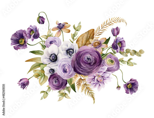 Watercolor flowers garden bouquet. Hand painted botanical illustration with leaves, flowers, poppies, dahlias, ranunculus, anemones isolated on white background. Big floral composition for you design