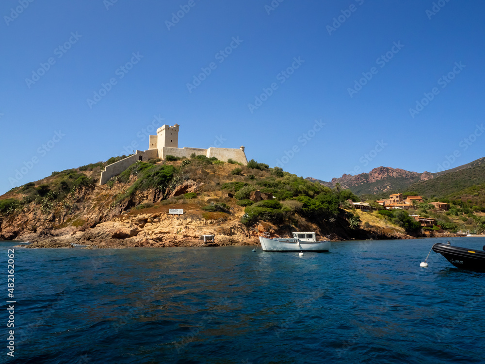 View on the Girolata fortress from the sea in Corsica