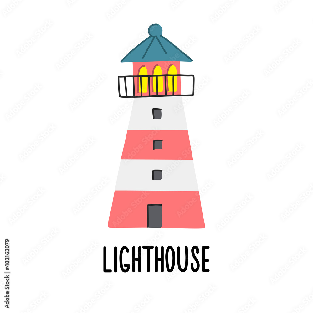 A lighthouse clipart for ships at sea in a simple flat style on a white background