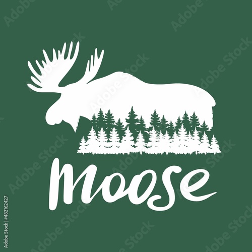 Vector drawing of a moose on a forest background