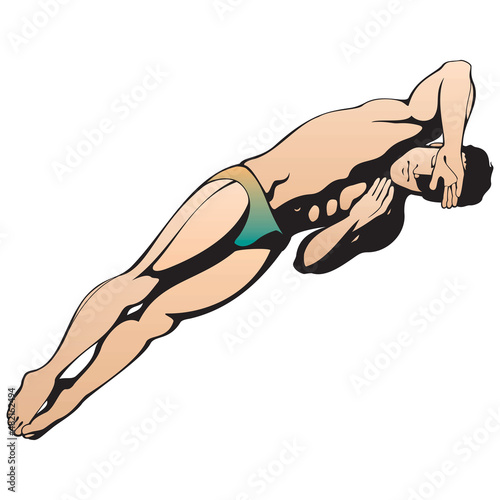 Sport men standing on diving board, preparing to jump and dive. Swimming male. Fit swimmer training in the swimming pool. Dives into the water. Vector illustration.