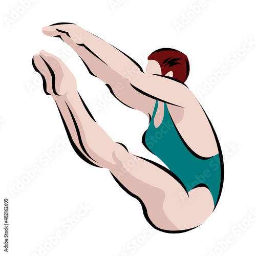 Sport men standing on diving board, preparing to jump and dive. Swimming male. Fit swimmer training in the swimming pool. Dives into the water. Vector illustration.