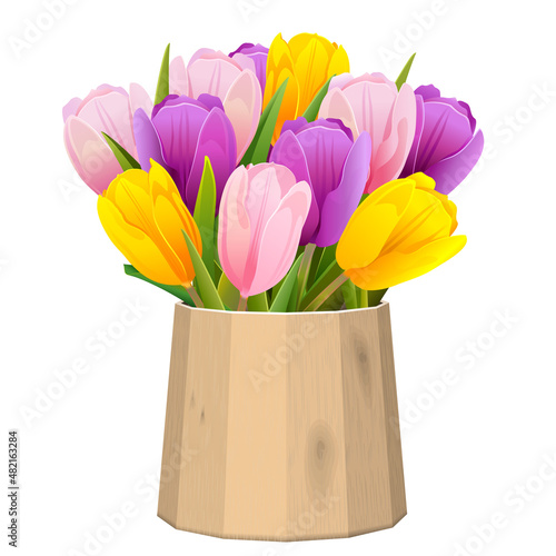 Vector Wooden Tub with Tulips