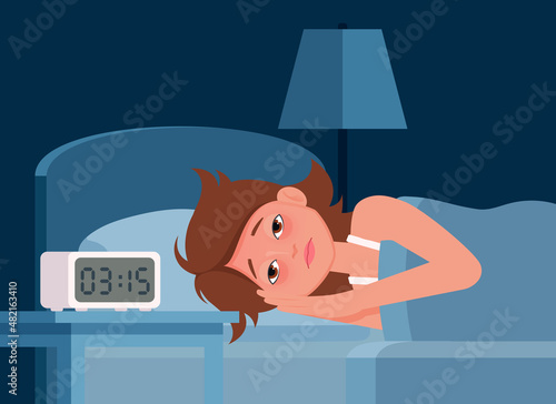 Female insomniac trying to fall asleep. Woman suffers from insomnia. Vector illustration