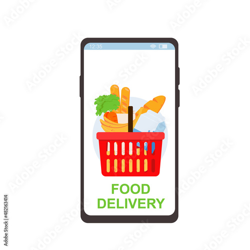 Online food store mobile app. Contactless delivery. Smartphone with grocery basket on the screen. Vector illustration