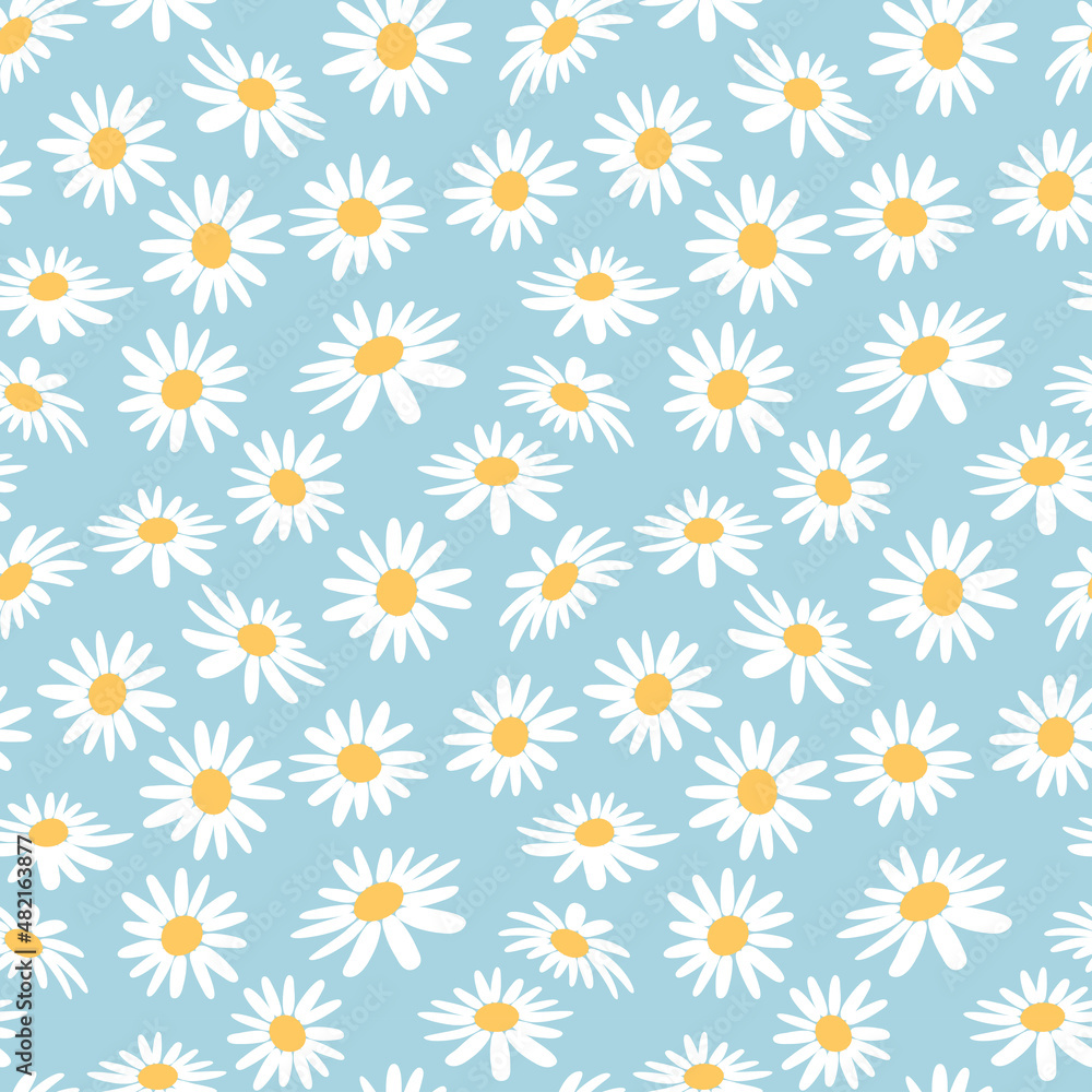White daisies on blue background print. Floral daisy seamless pattern vector.