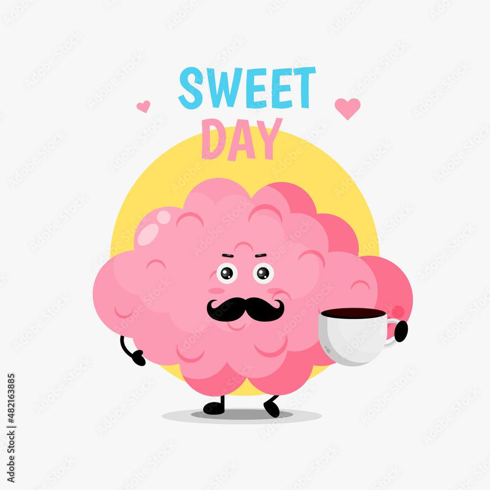 Cute happy brain with coffee cup
