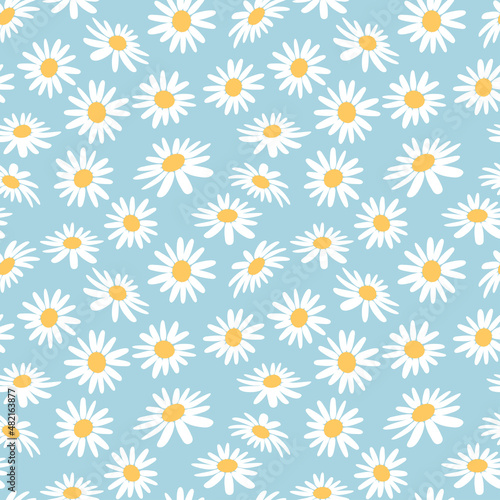 White daisies on blue background print. Floral daisy seamless pattern vector. photo