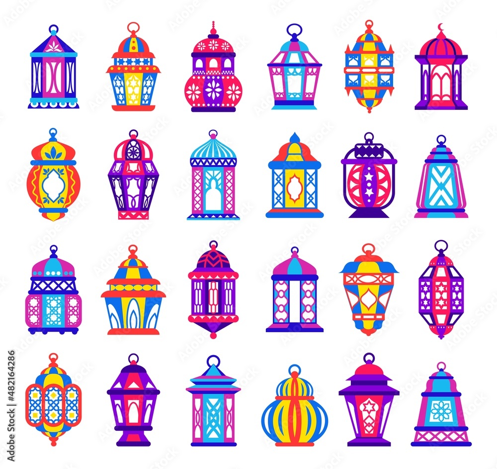 Arabic fanous. Cartoon traditional Ramadan lamps. Old Islamic decorative illumination. Mosque antique lighting. Religious Arabic lanterns. Vector isolated eastern festive lights set
