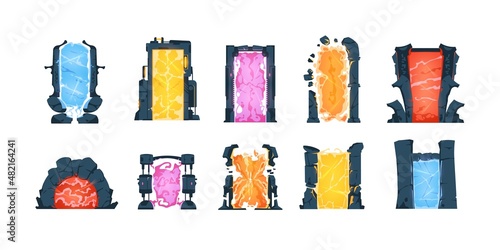 Game portals. Cartoon teleportation doors of different shapes and colors. Magical or futuristic gates for transition between dimensions. Vector round and square stone teleports set
