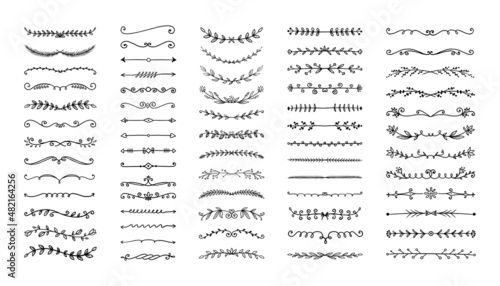 Hand drawn divider. Border line ornamental element. Floral banner frame. Arrow underlines. Vignette with flowers and leaves. Vintage black swirl drawing. Vector calligraphy sketch set