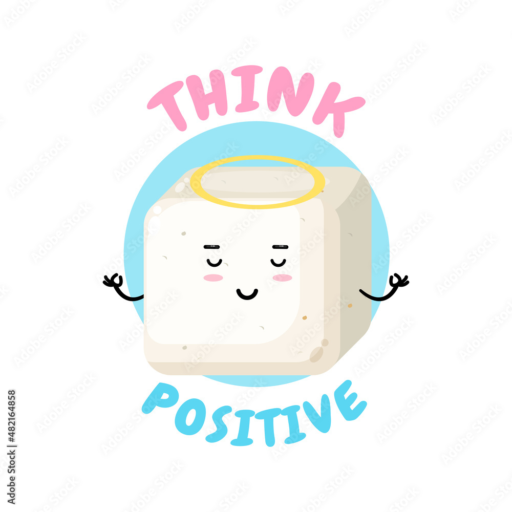 Positive Thinking, cute tofu character doing meditation