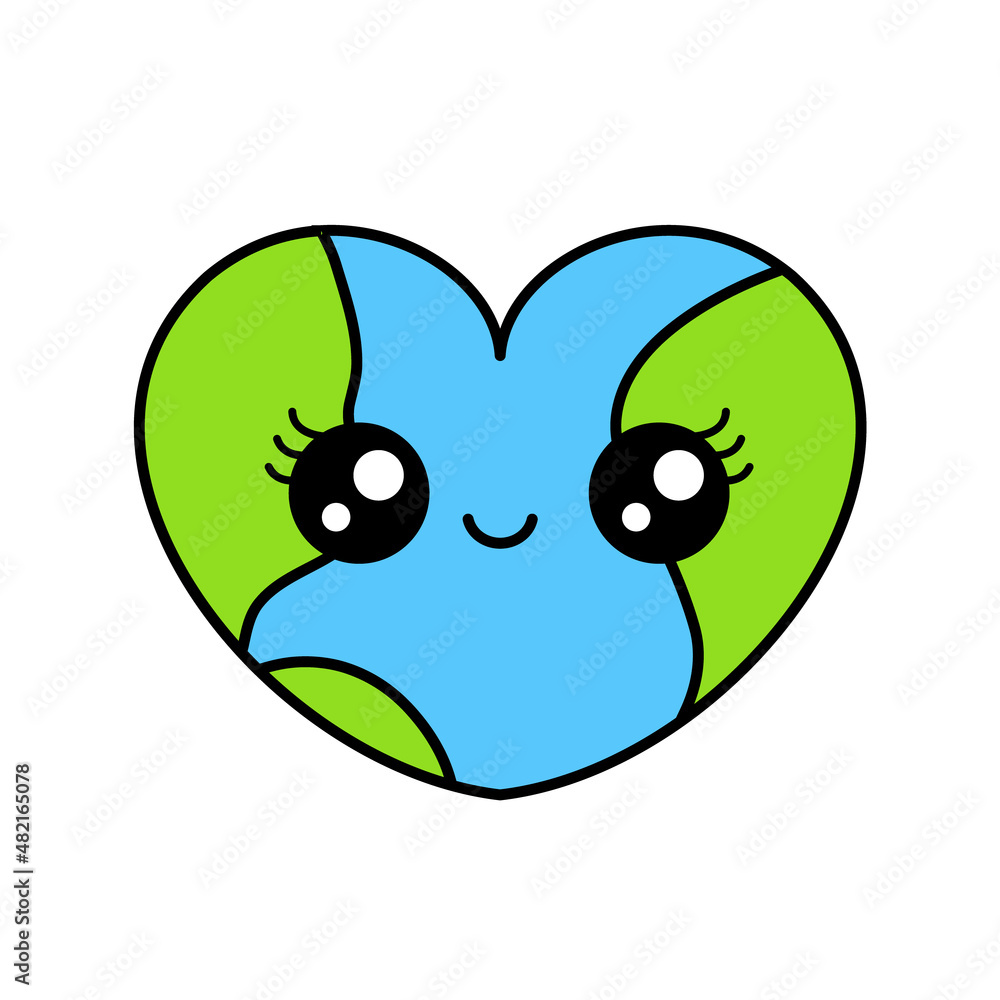 Cute Earth in a shape of a heart smiling. Mother nature concept. Kawaii planet Earth character. Love environment idea. Save the world. Happy cartoon planet. Vector, illustration, flat, clip art. Cute Earth in a shape of a heart smiling. Mother nature concept. Kawaii planet Earth character. Love environment idea. Save the world. Happy cartoon planet. Vector, illustration, flat, clip art.