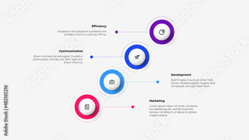 Infographic design template. Timeline with 4 circle elements and thin dots line. Vector illustration for brochure, banner, annual report.