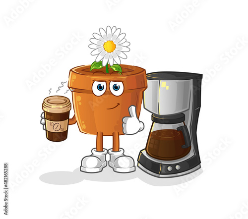 flower pot drinking coffee illustration. character vector