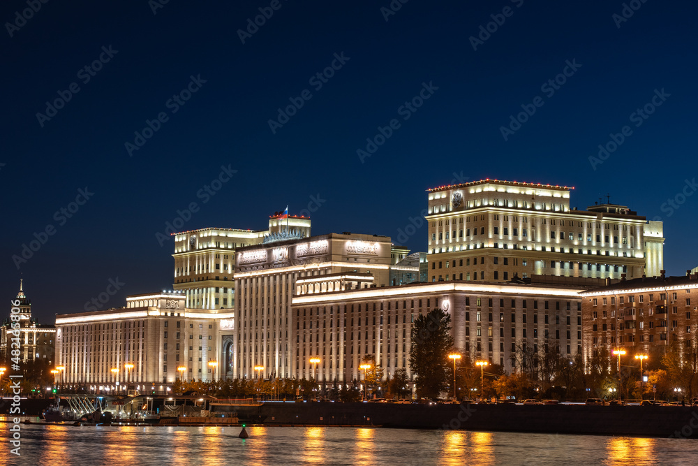 The building of the Ministry of Defense of Russia night view from the river.