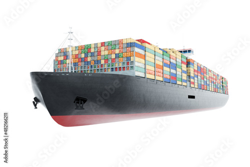 Huge ship with containers isolate on white background. International cargo transportation. Transport, logistics, delivery, business, globalization. 3D illustration, 3D render, realistic style.