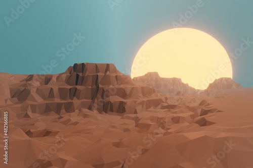 Bild auf Leinwand Abstract polygonal Canyon  landscape, mountains,  sky with Sunset