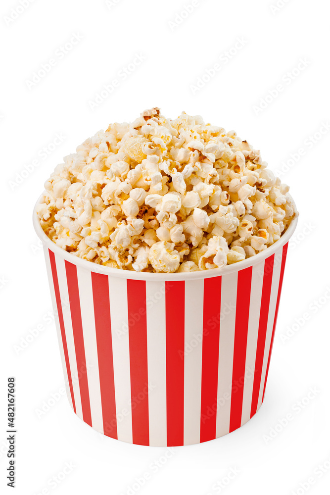 Popcorn in a big red white strip box isolated on white background.