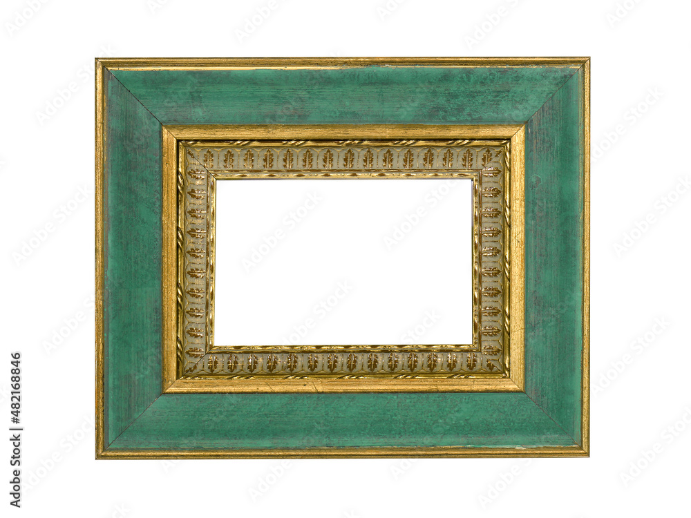 Wooden green golden frame for paintings. Isolated on white Wooden green golden frame for paintings. Isolated on white