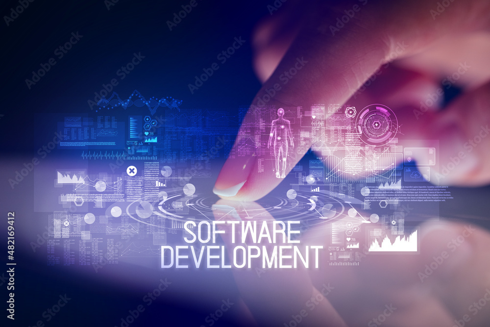 Finger touching tablet with web technology icons concept Finger touching tablet with web technology icons concept