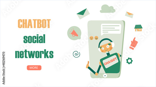 Chat bot social networks for marketing design, for web page design for concept design flat vector landing page template. Virtual assistant bot icon.