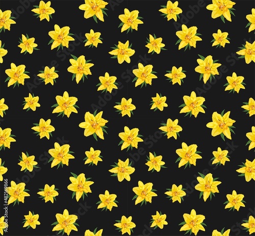 Seamless dark background with yellow lily heads for fashion design, textile, wrapping paper, package wallpaper, bag print