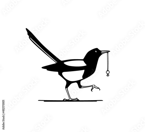 Valokuvatapetti Vector card with hand drawn cute Magpie sneaking with stolen engagement ring