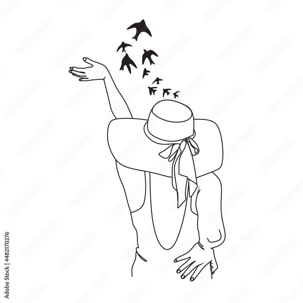 Fototapeta premium Abstract figure woman with birds. One line vector drawing. Portrait minimalistic style. Botanical print. Nature symbol of cosmetics. Modern continuous line art. Fashion print.Modern GalleryWall.