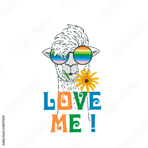 Vector illustration of cute Alpaca with glasses, summer print on clothes isolated on white background.