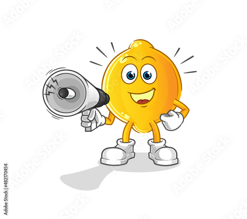 lemon holding hand loudspeakers vector. cartoon character
