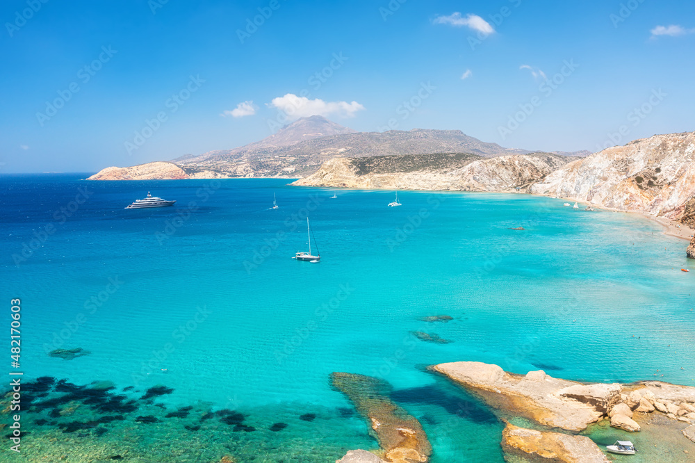 Greece landscape. Aerial seascape at the day time. Bay and rocks. Blue water background in the summer. Sea and beach. Travel and vacation image.