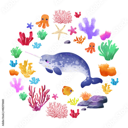 Cute aquatic narwhal. Underwater flora and fauna. Vector cartoon illustration in flat style. Clipart for the design of children's products.