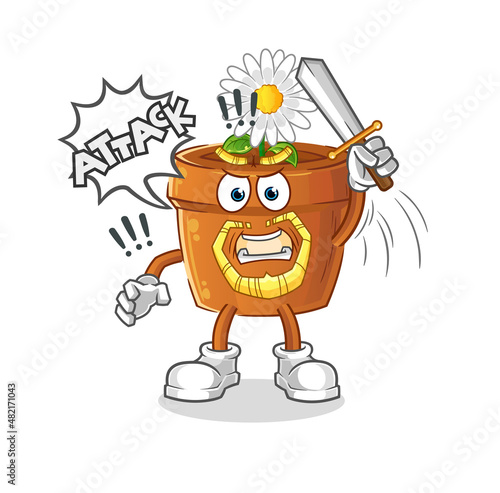 flower pot knights attack with sword. cartoon mascot vector