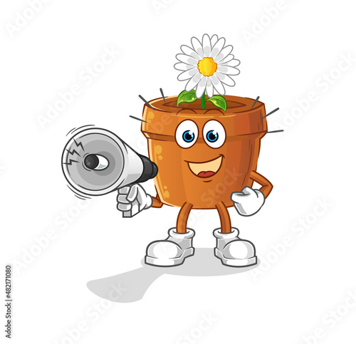 flower pot holding hand loudspeakers vector. cartoon character