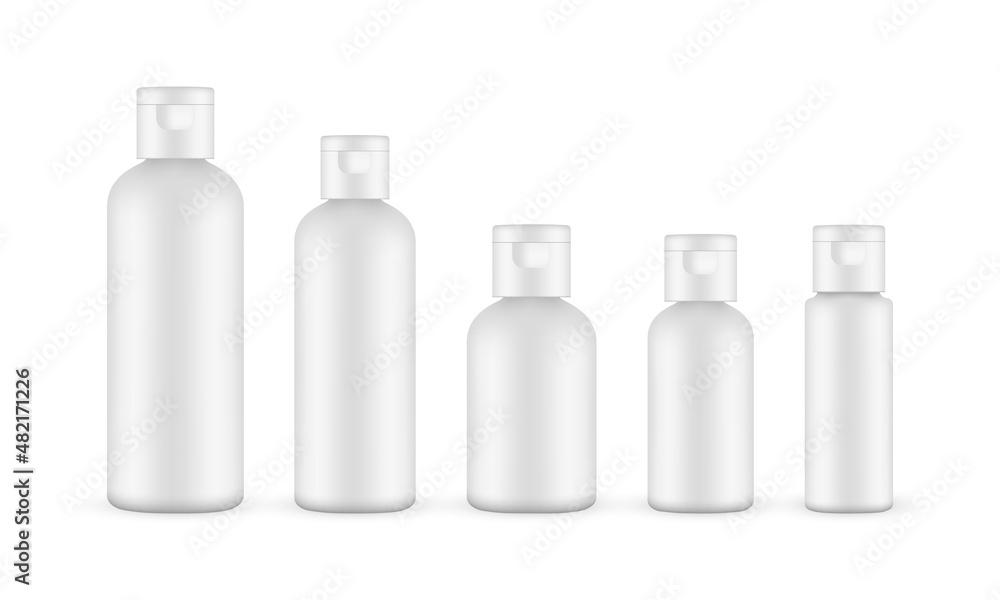 Blank Plastic Cosmetics Bottles with Flip Top Cap, Isolated on White Background. Vector Illustration Blank Plastic Cosmetics Bottles with Flip Top Cap, Isolated on White Background. Vector Illustration
