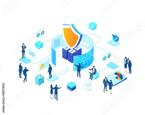 Isometric business environment. Business people, team working in server room, big data analyse, new business, start up, technology, computing, automatisation concept  