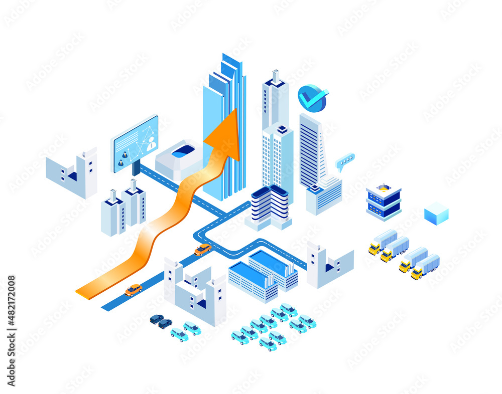 Obraz premium Logistics, supply, delivery, cargo. Business, banking, investments in the City. Isometric 3D business concept environment, with arrow as symbol of growth and success in business