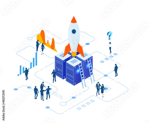 Isometric business environment. Business people, team working around  rocket, new business, start up, technology, computing, automatisation concept  