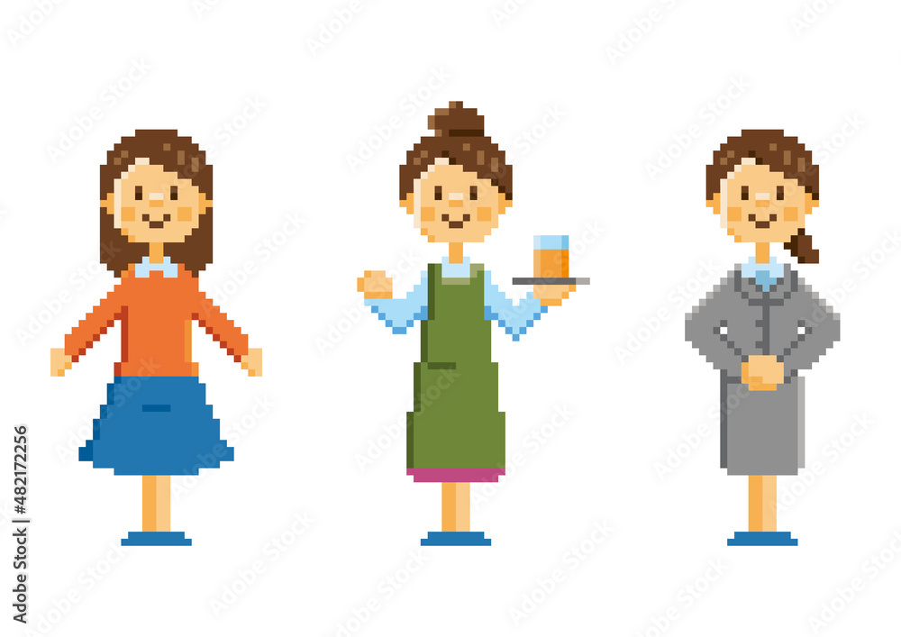 ドット絵　女性　３人　素材