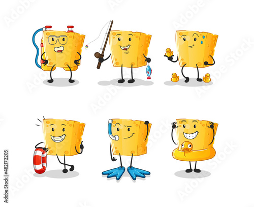 cheese water activity group. cartoon mascot vector