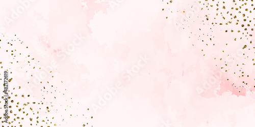 Pink watercolor wet wash splash with gold dust background. Vector illustration template for birthday, wedding, Valentine' s day, Mother's dy, it's a girl card, quotes and much more.