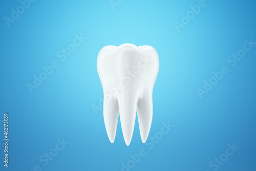 Healthy white tooth  white enamel on a blue background. The concept of dentistry  teeth whitening  protection  oral care  hygiene  healthcare. 3D illustration  3D render.